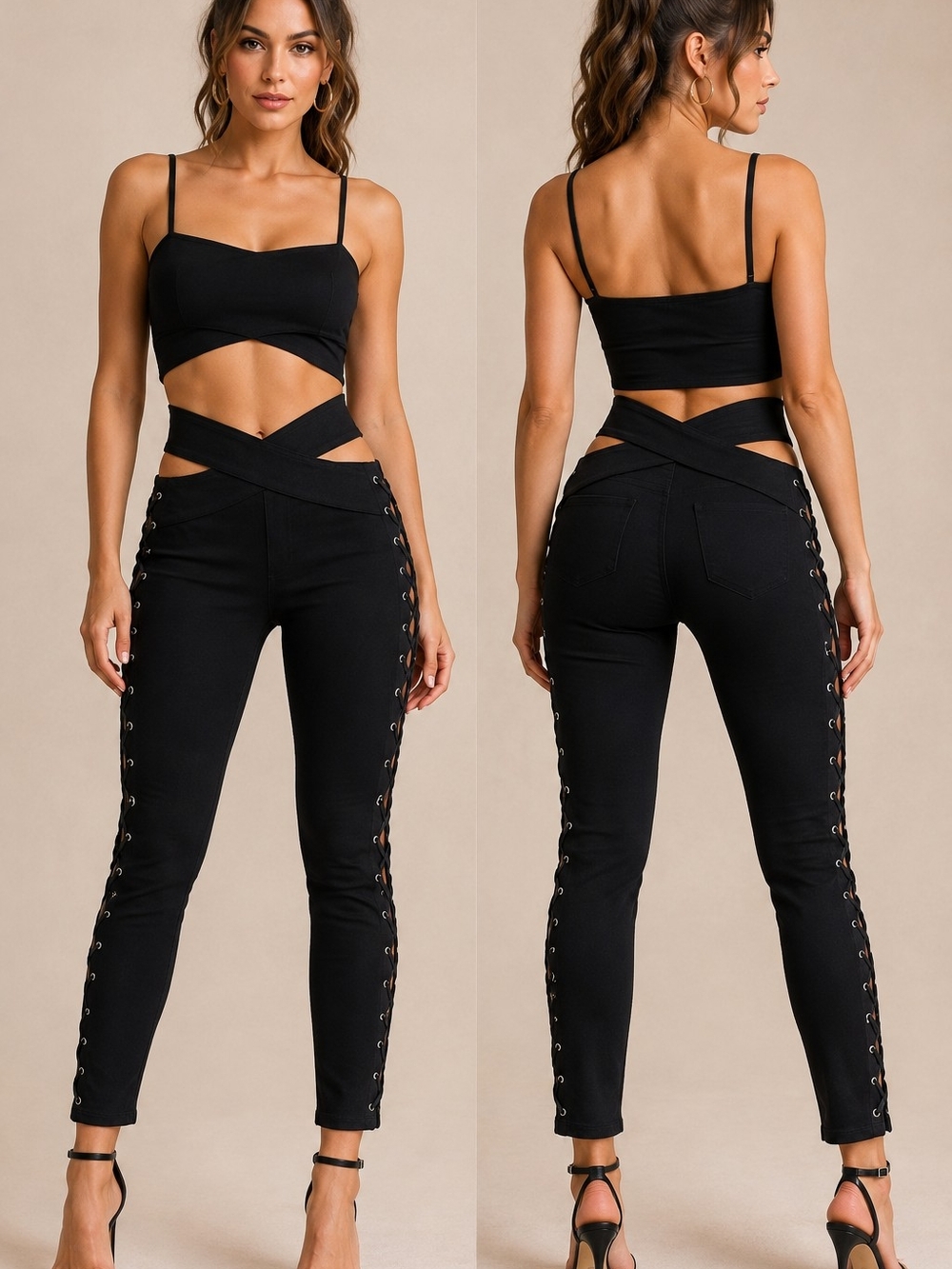 Black Lace-Up Crisscross High-Waist Skinny Jeans